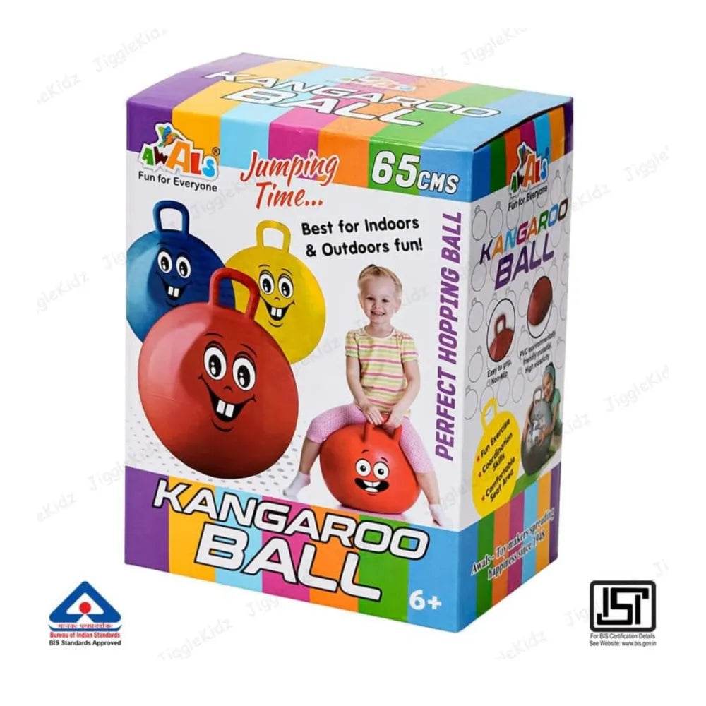 Rubber kangaroo hopping ball for kids in red blue and yellow with handle and smiling face design