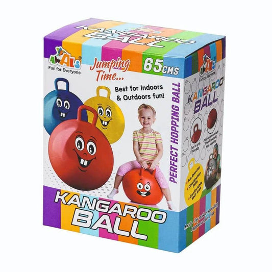 Rubber kangaroo hopping ball for kids in red yellow and blue with handle for indoor and outdoor fun