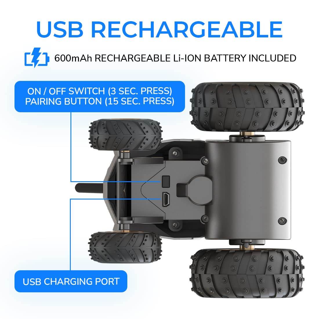 Top view of Mirana USB rechargeable stunt car showing USB charging port and battery details
