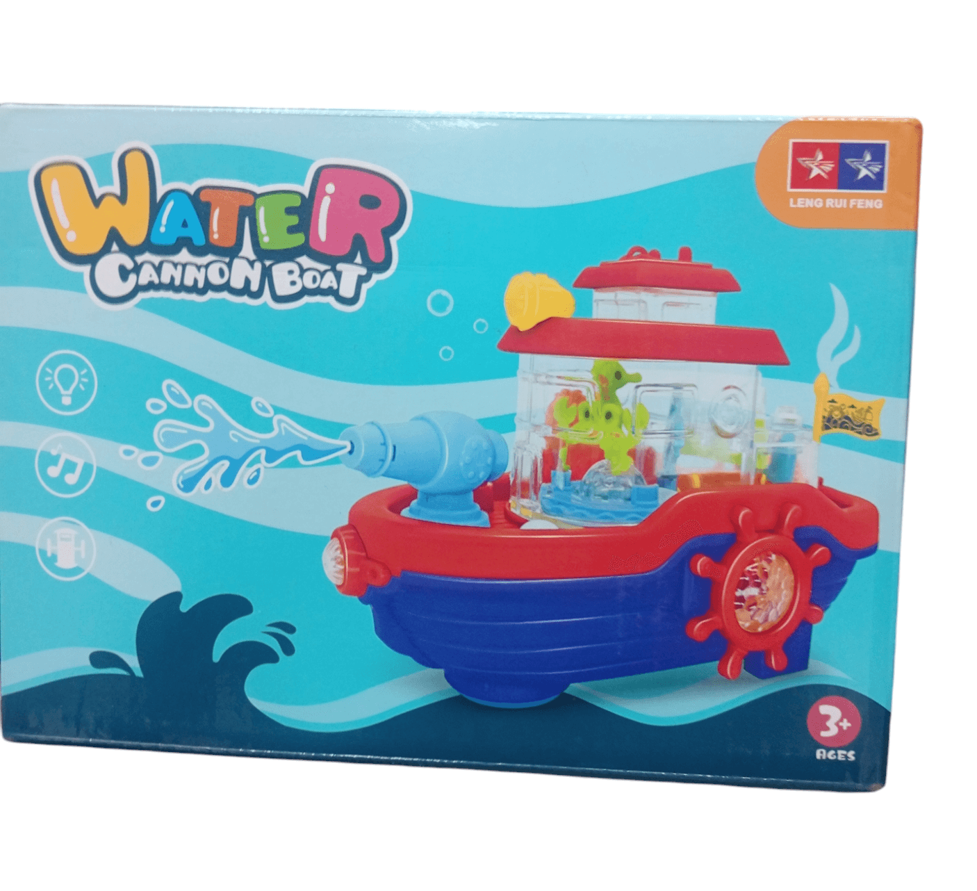 Water cannon boat toy for kids with blue and red colors and water spraying feature