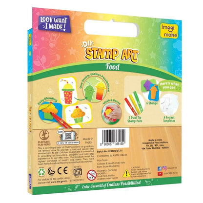 DIY stamp art kit featuring colorful food designs and crafting tools for ages 5 and up