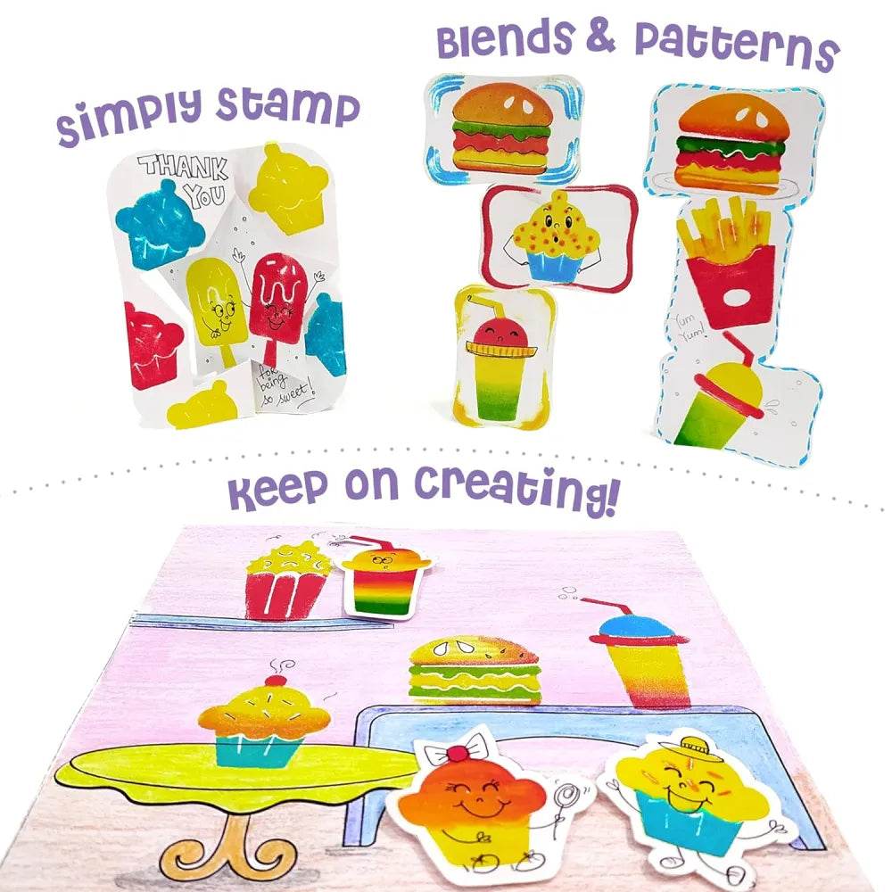 Colorful water coloring set for kids featuring stamps and food patterns for creative play