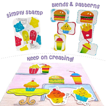 Colorful water coloring set for kids featuring stamps and food patterns for creative play