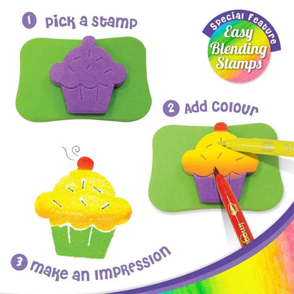 Water coloring set with cupcake stamps and vibrant coloring tools for creative fun