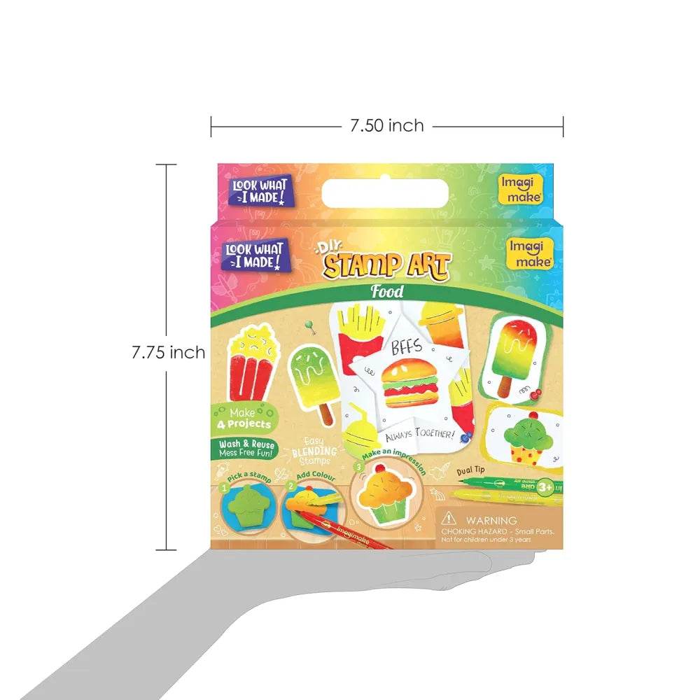 Colorful DIY stamp art kit for children featuring fun food designs suitable for ages 6 and up with a water coloring set