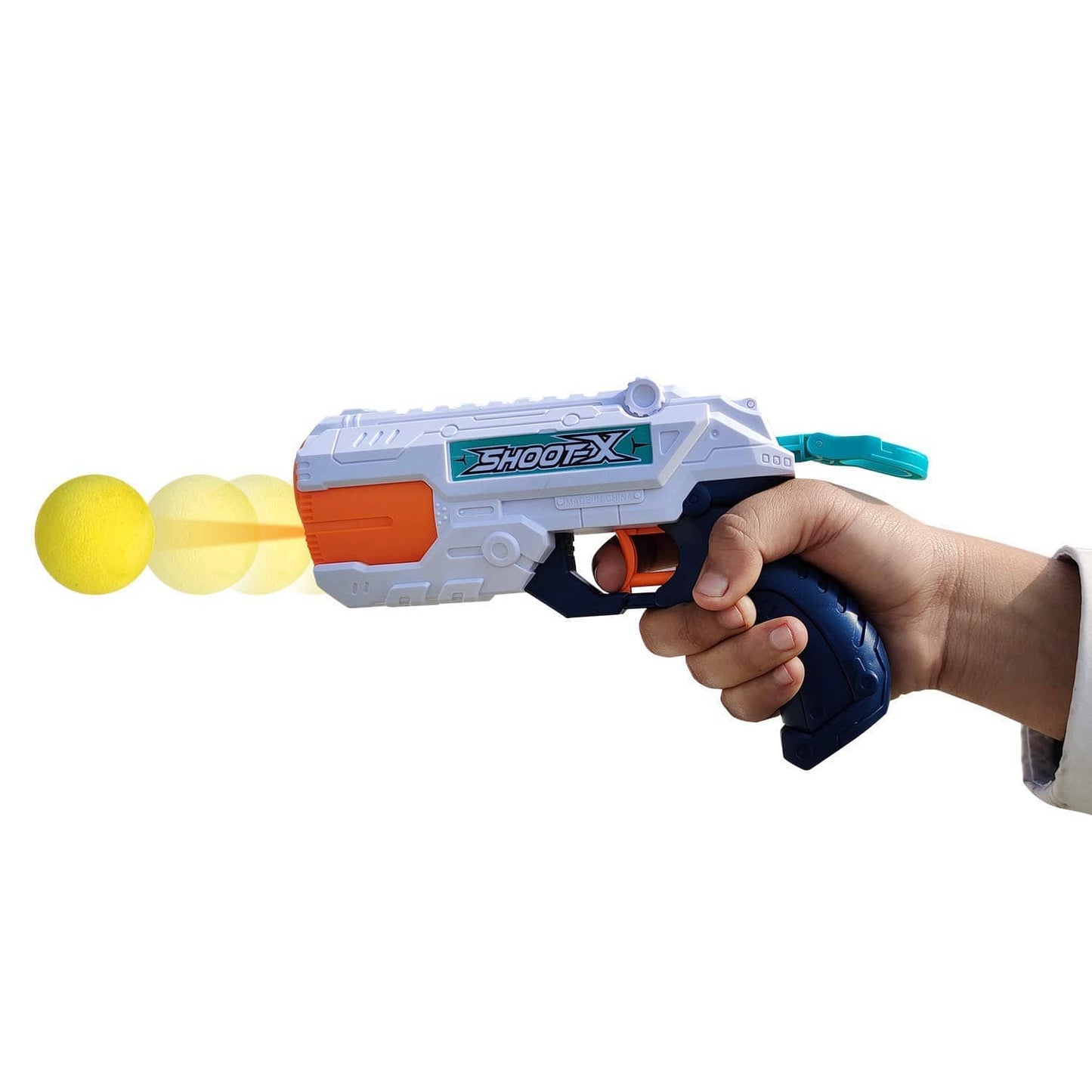 White and blue water gun gun that shoots foam balls for kids aged 5 and up