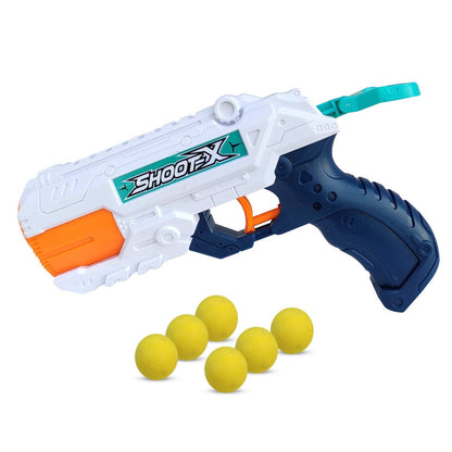 Blue and white water gun gun for outdoor play with yellow foam balls, suitable for ages 6 and up