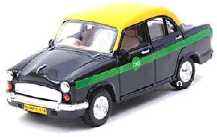 Model of a black and yellow taxi with green stripe on a white background