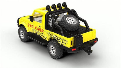 Yellow Centy pullback action toy car with off-road tires and explorer adventure graphics