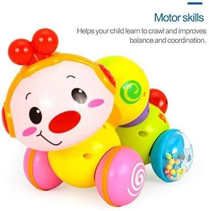 Colorful caterpillar sensory toy for toddlers with bright wheels and smiling face for motor skills development