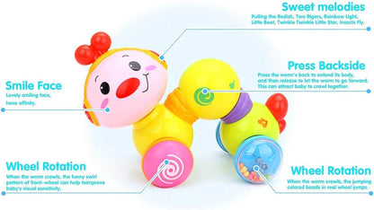 Colorful caterpillar sensory toy for toddlers with smile face and musical wheel rotation features