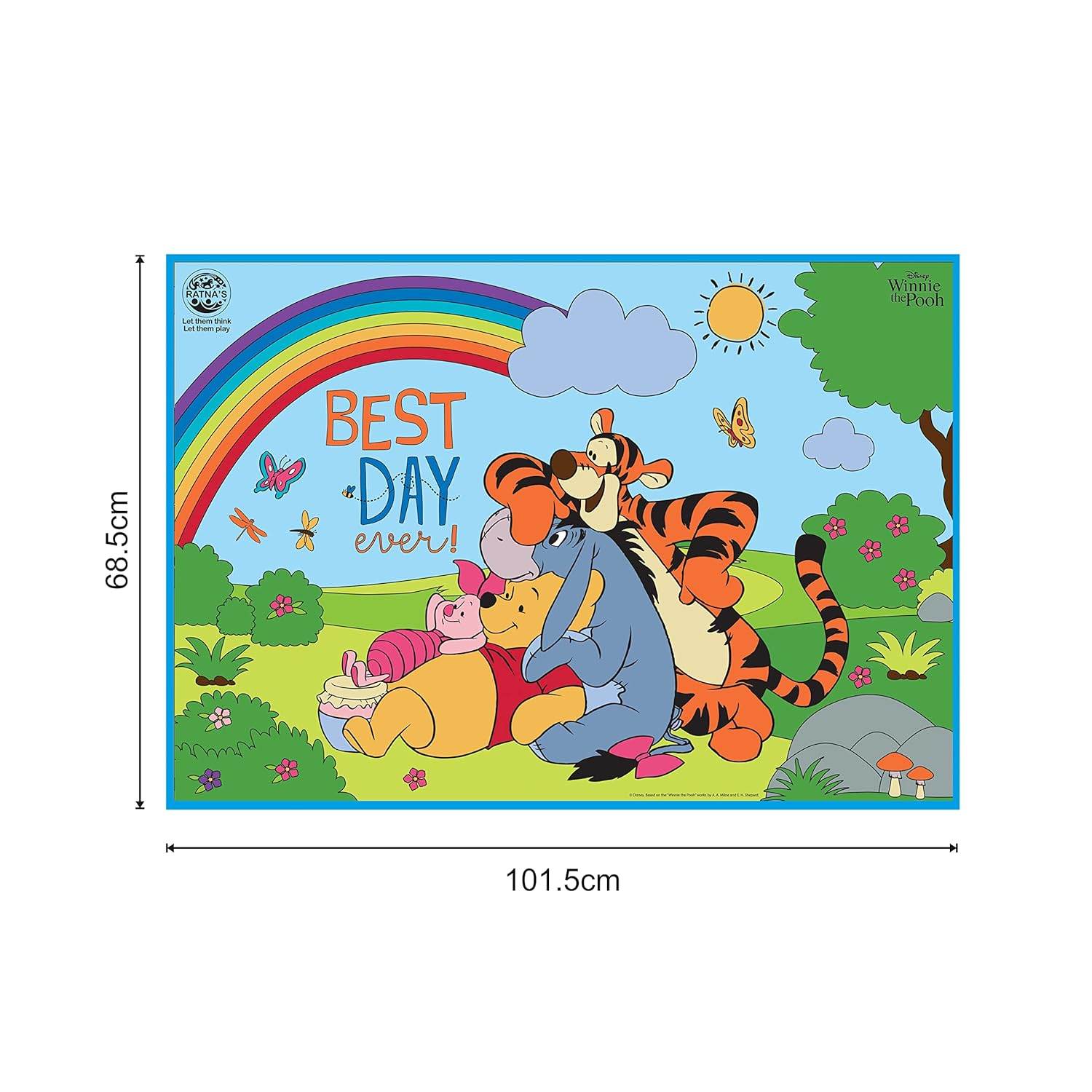 Winnie the Pooh coloring mat featuring Pooh, Tigger, Piglet, and Eeyore under a rainbow with Best Day Ever text