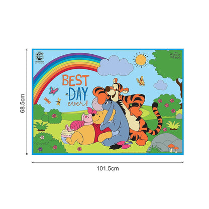 Winnie the Pooh coloring mat featuring Pooh, Tigger, Piglet, and Eeyore under a rainbow with Best Day Ever text