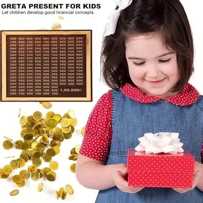 Young girl holding a red gift box with white bow next to flying coins and wooden piggy bank for kids chart