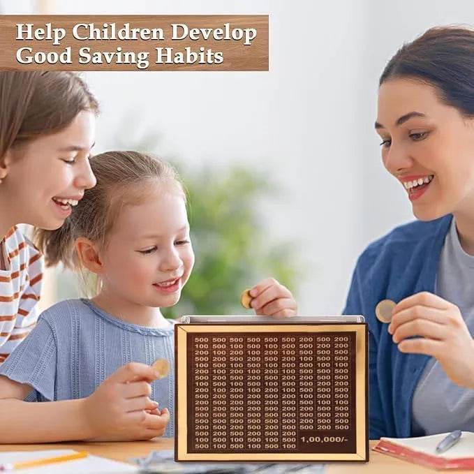Wooden piggy bank for kids helping children develop good saving habits with family