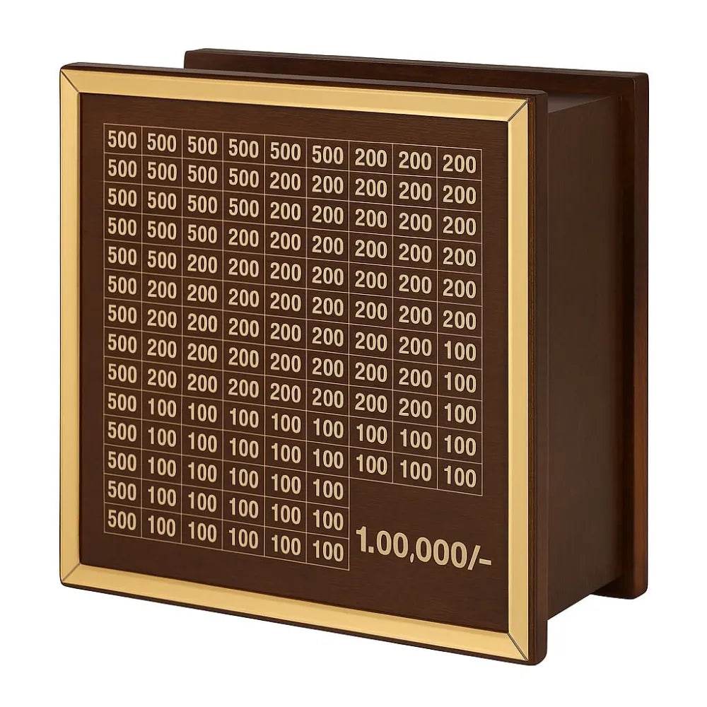 Square wooden piggy bank for kids with currency denominations and golden frame design