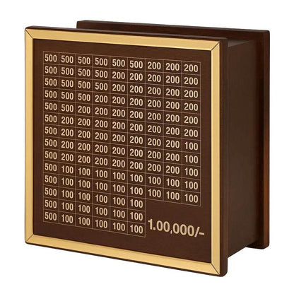 Square wooden piggy bank for kids with currency denominations and golden frame design