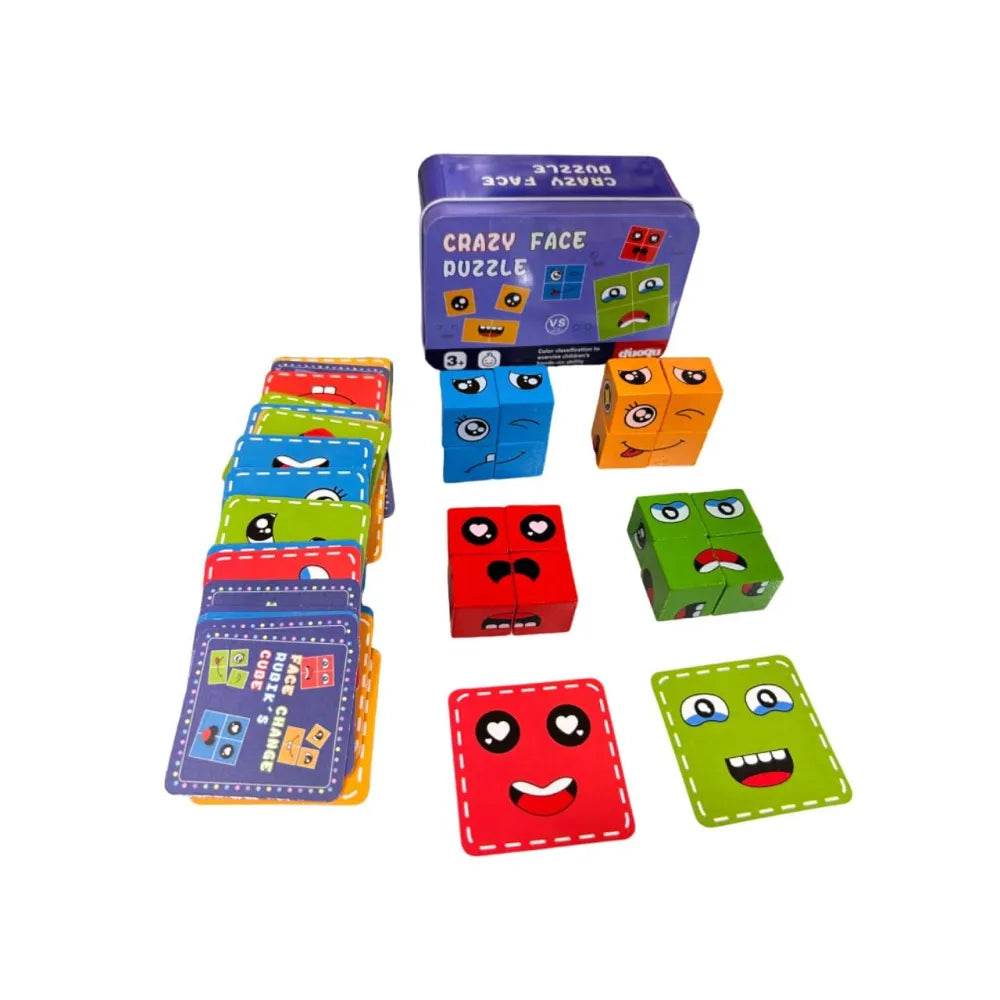 Colorful wooden puzzle for kids with face tiles and matching cards from T-Rex The Toyland