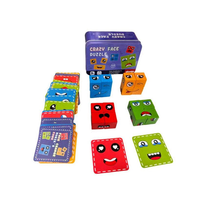 Colorful wooden puzzle for kids with face tiles and matching cards from T-Rex The Toyland