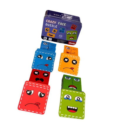 Colorful wooden puzzle for ages 3-6 featuring various funny face designs