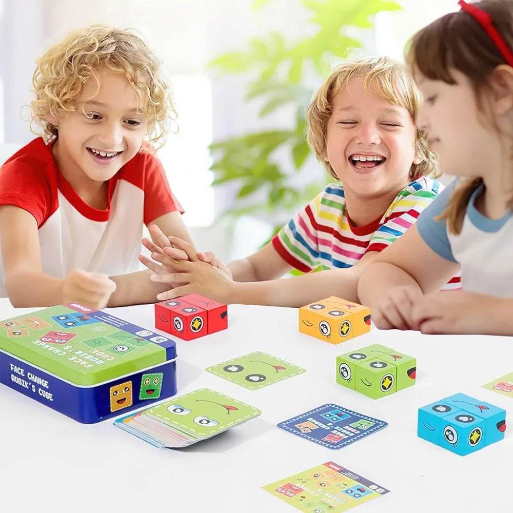 Colorful wooden puzzle for ages 3-6 with kids enjoying a fun face-changing game
