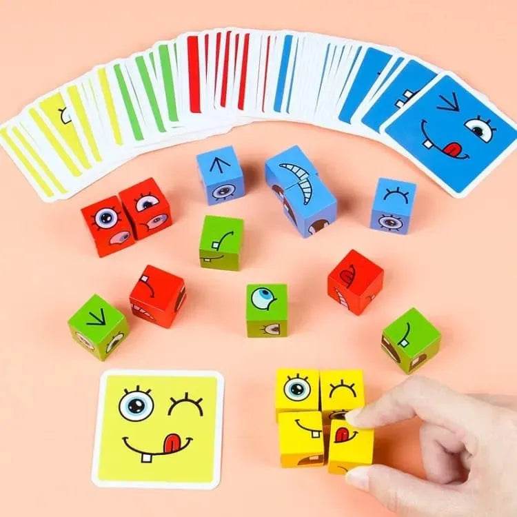 Colorful wooden puzzle for ages 4 and up featuring face designs and playful expressions