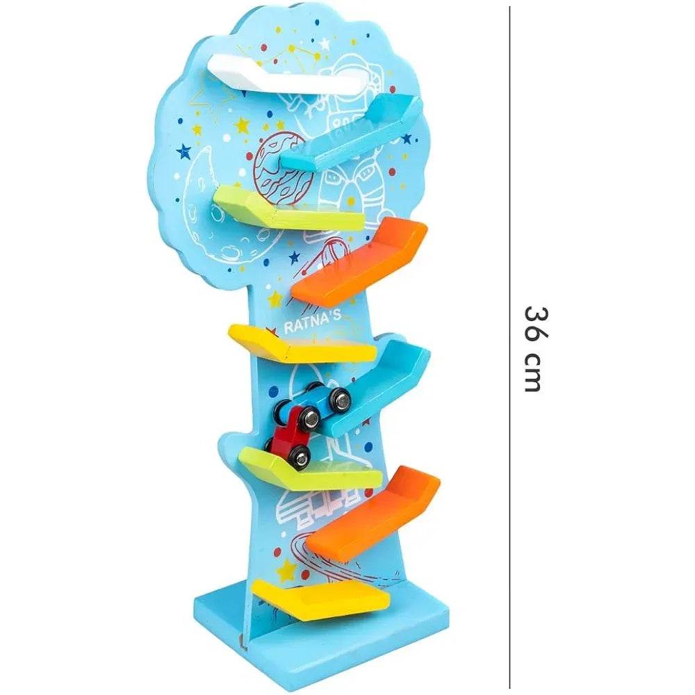 Colorful wooden ramp race track toy with multiple angled tracks and a small toy car descending