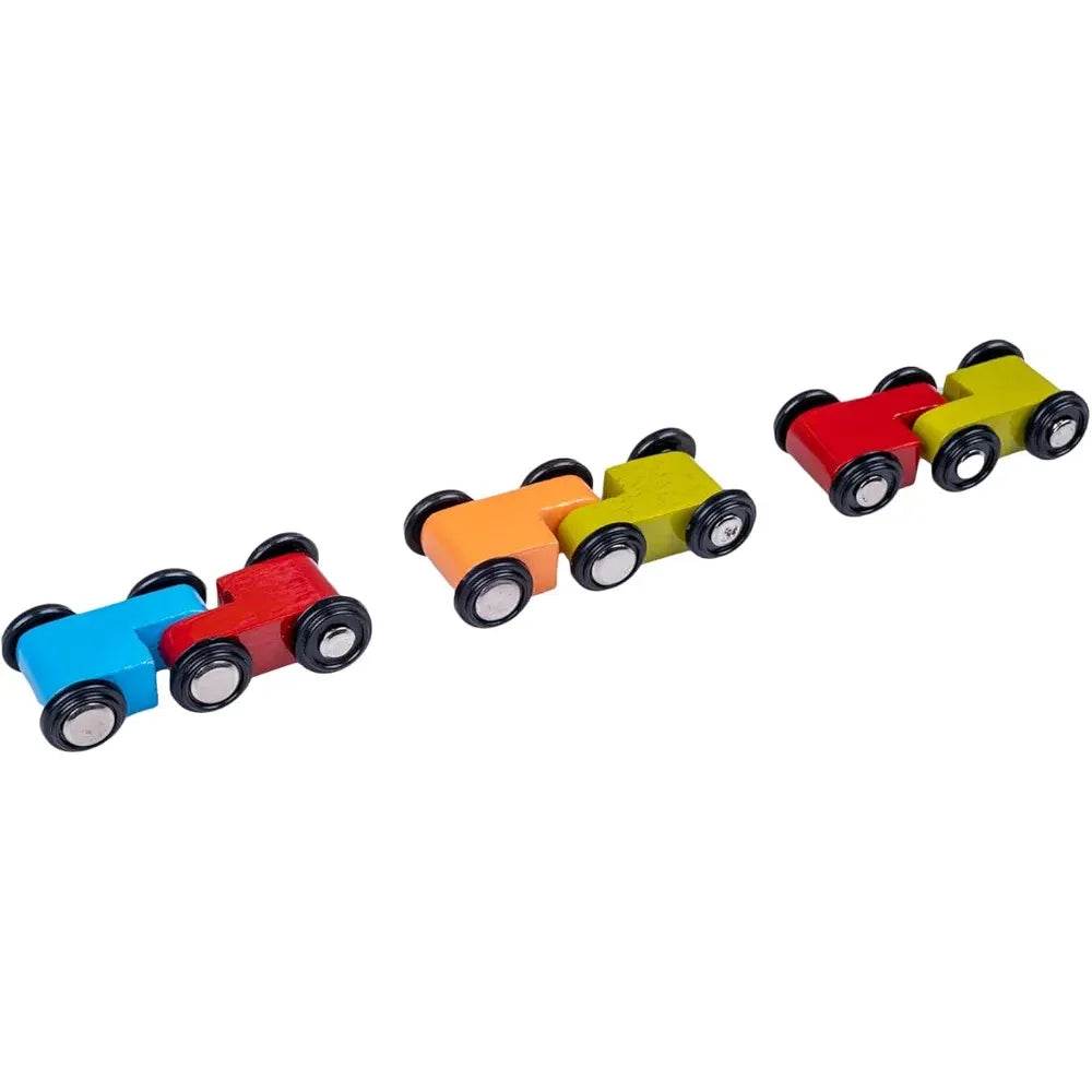 Colorful wooden toy cars connected in pairs for wooden ramp race track toy by T-Rex the toyland Sitamarhi