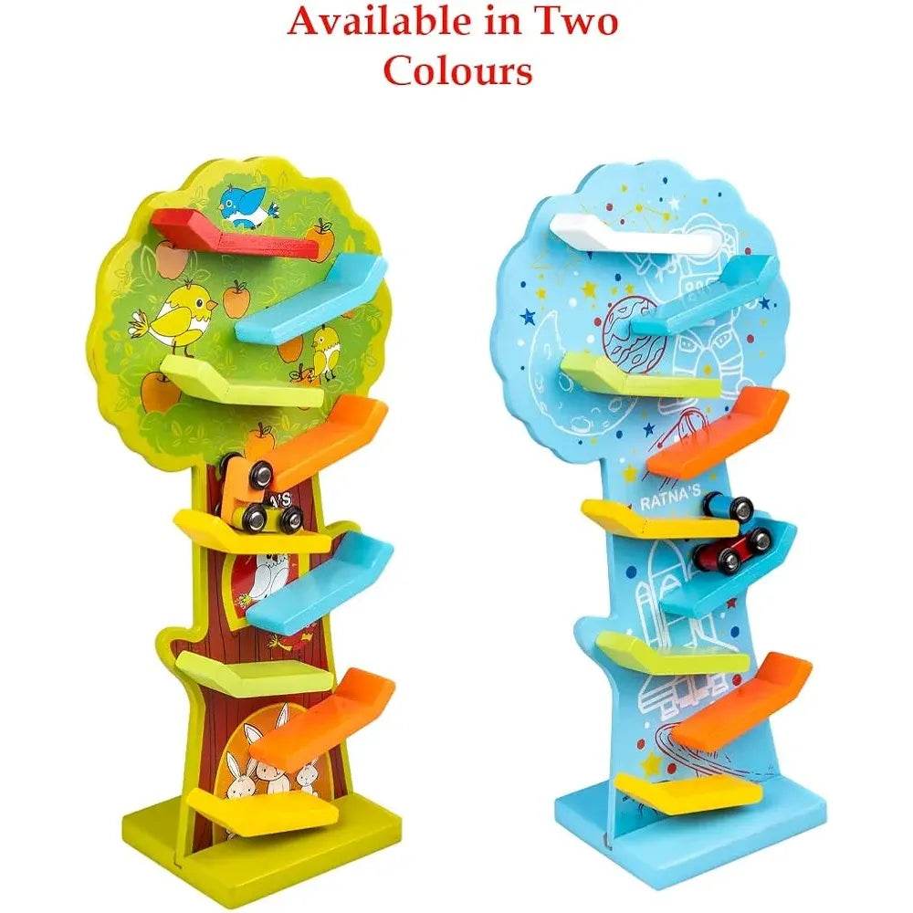 Colorful wooden ramp race track toy available in green tree and blue cloud designs with small wooden cars