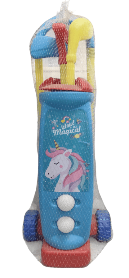 IToys kids golf set for beginners with blue unicorn-themed bag, colorful clubs, and white golf balls