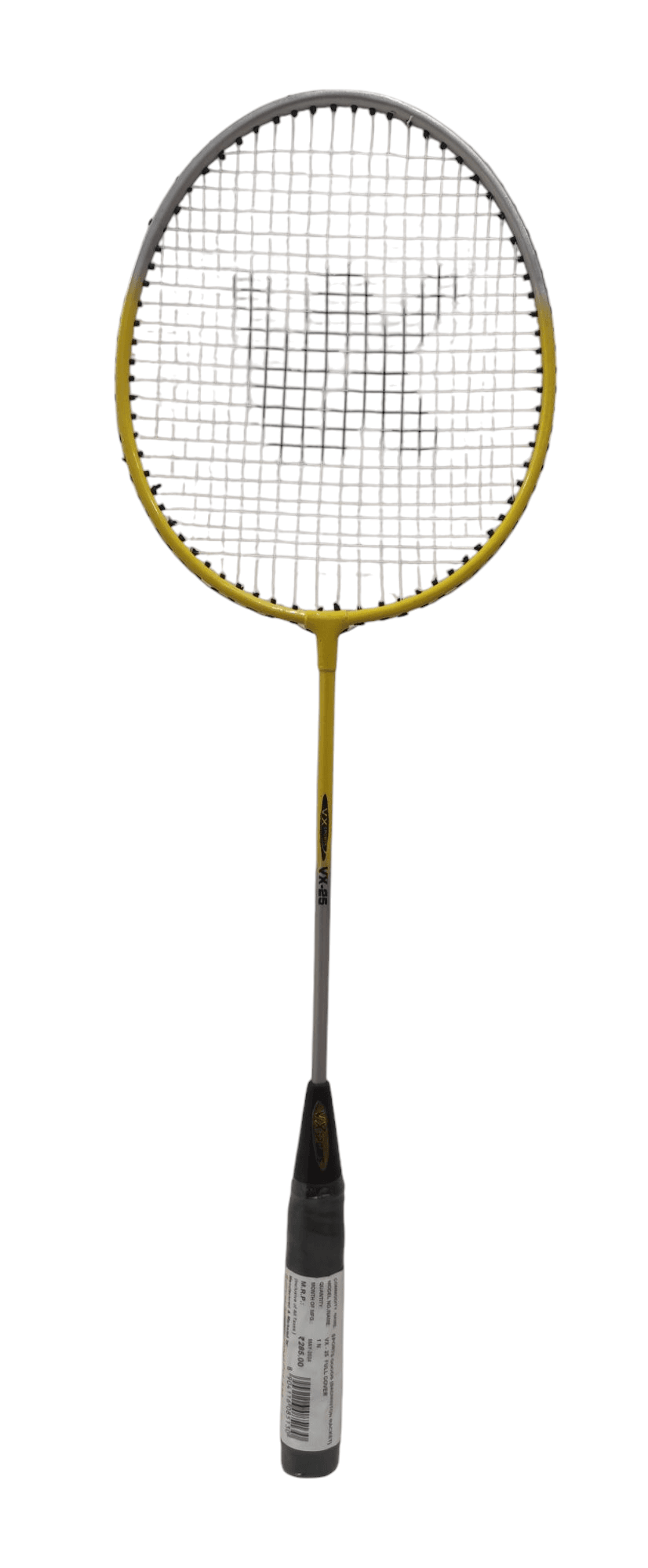 Yellow and black badminton racket for kids with a lightweight frame and grip handle