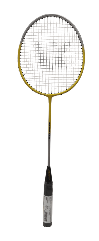 Yellow and black badminton racket for kids with a lightweight frame and grip handle