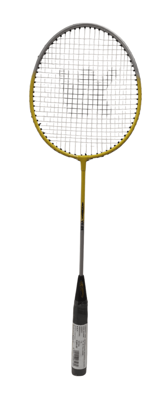 Yellow and black badminton racket for kids with a lightweight frame and grip handle
