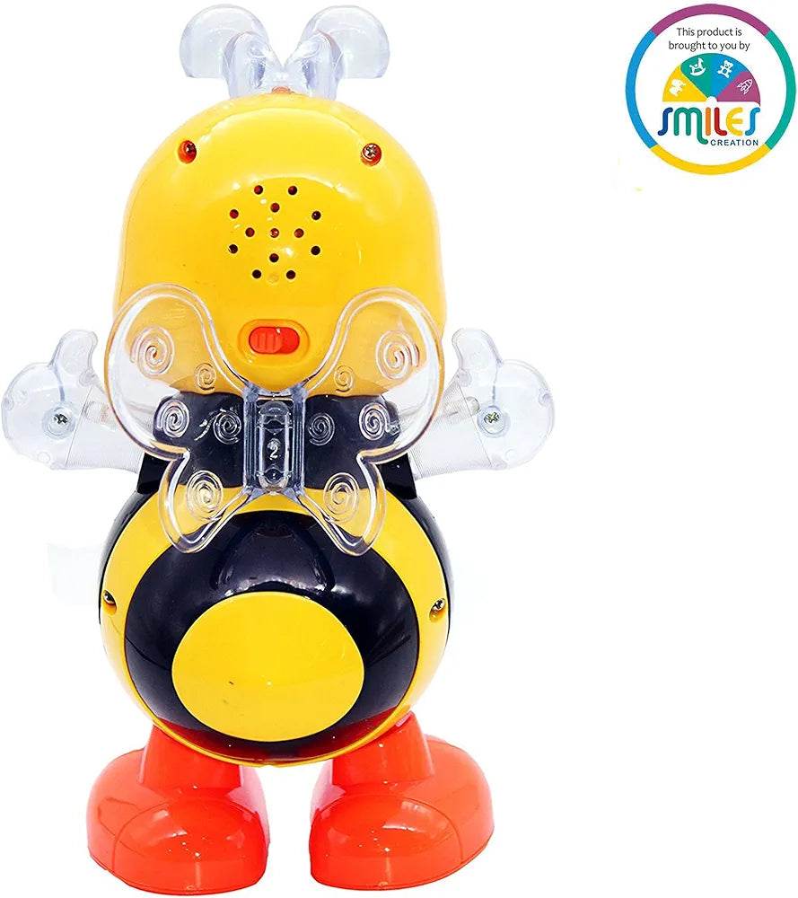 T-Rex musical dancing bee toy for kids with yellow and black body and orange feet