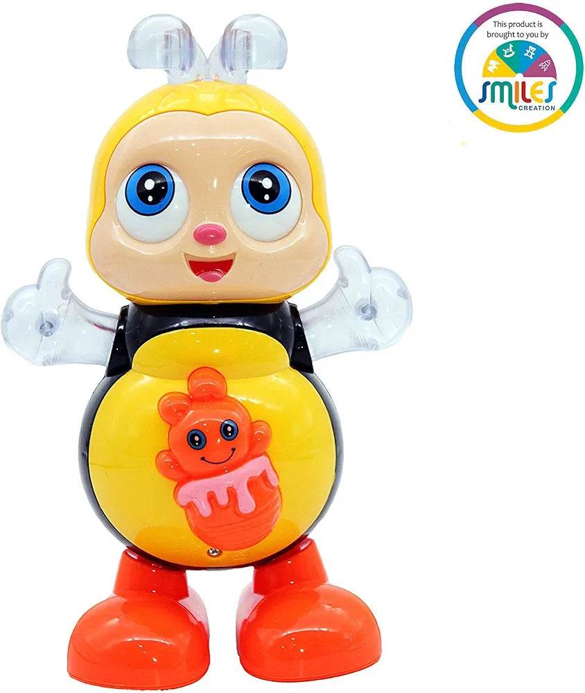 T-Rex musical dancing bee toy for kids with bright eyes and orange feet holding a honey jar