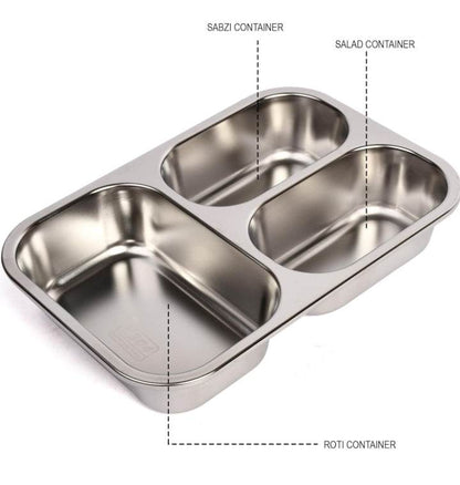 T-Rex the toyland Sitamarhi stainless steel 3 compartment lunch box with separate containers for sabzi salad and roti