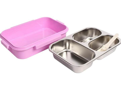Pink and stainless steel 3 compartment lunch box with removable inner tray and spoon