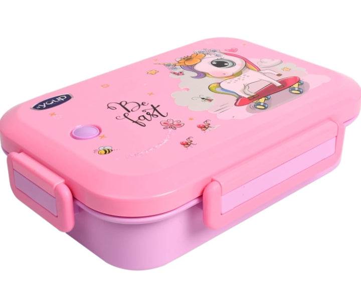 Pink 3 compartment lunch box with unicorn design and secure locking clips for kids