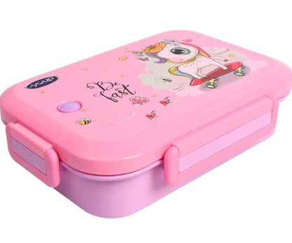 Pink 3 compartment lunch box with unicorn design and secure locking clips for kids