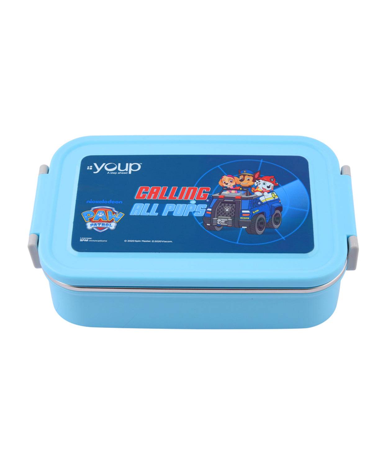 Blue stainless steel insulated lunch box featuring Paw Patrol design with secure side clasps