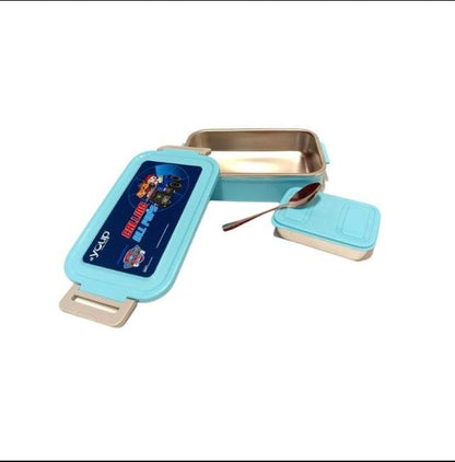 Blue stainless steel insulated lunch box with cartoon design and a small container with a spoon