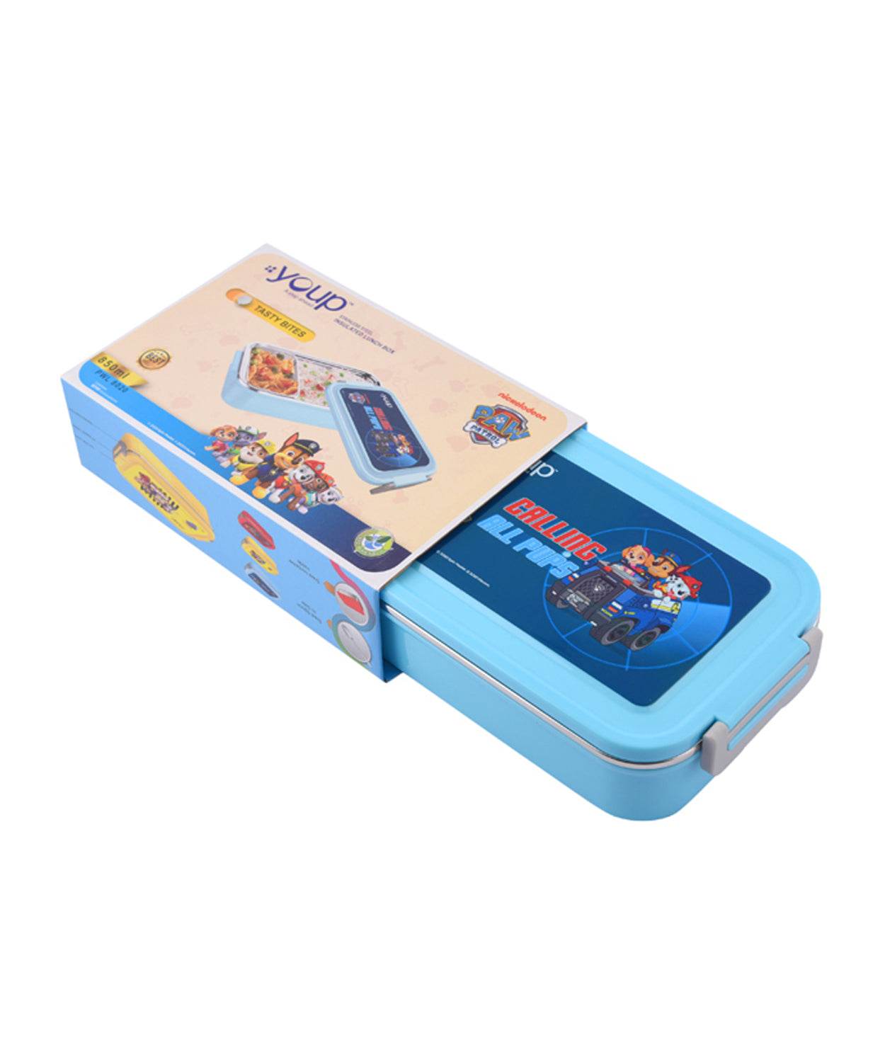 Blue stainless steel insulated lunch box featuring cartoon characters with secure locking lid