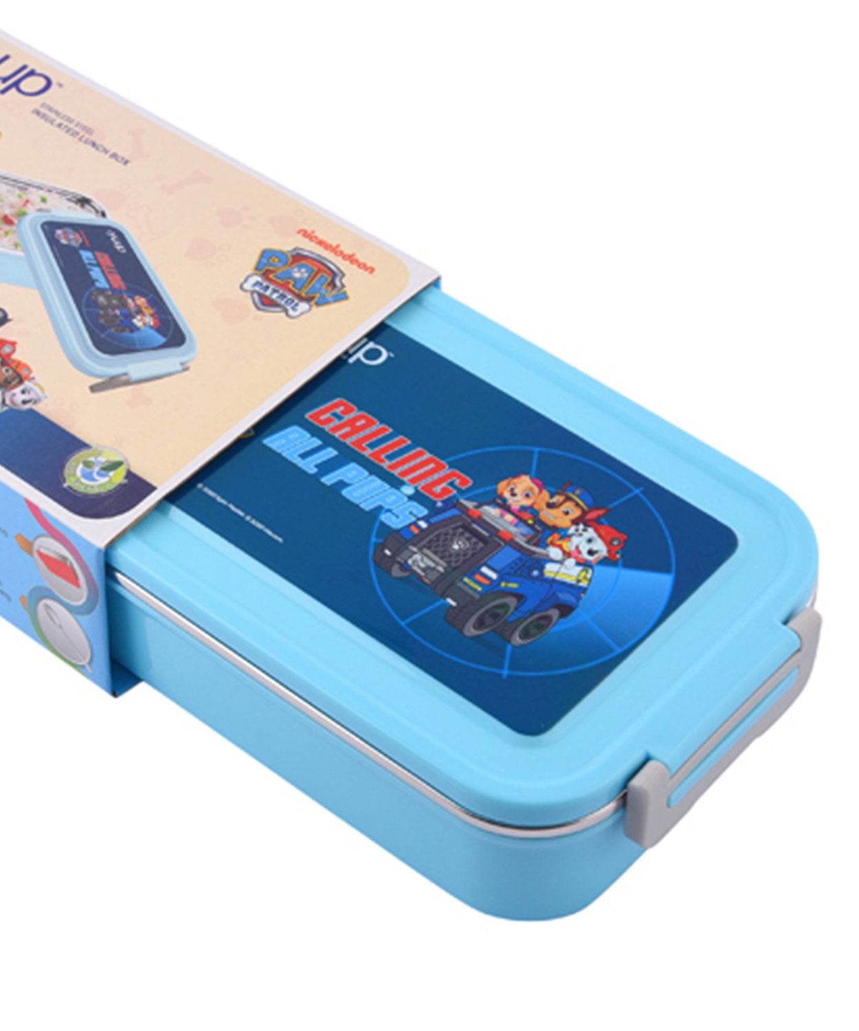 Blue stainless steel insulated lunch box with Paw Patrol design and secure side clips