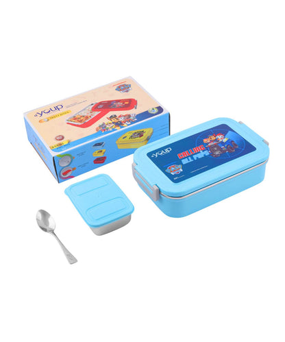 Blue stainless steel insulated lunch box with spoon and inner container featuring cartoon design