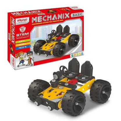 Mechanix building set for kids with yellow and black toy car model and red packaging box by T-Rex the toyland Sitamarhi