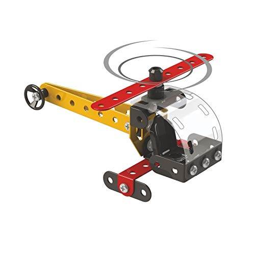 Mechanix building set for kids helicopter model with red and yellow metal parts and spinning rotor blades