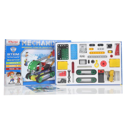Robot construction kit for children with motorized mechanical parts and colorful building pieces