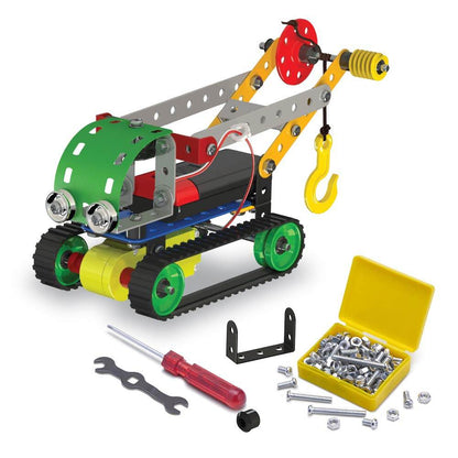 Robot construction kit for children with colorful metal parts, tools, and screws for building a toy crane