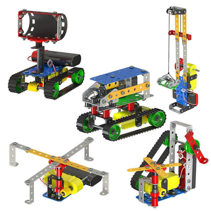 Robot construction kit for children featuring colorful metal parts to build multiple robotic vehicles and machines