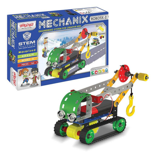 Robot construction kit for children with motorized crane and colorful metal parts for STEM learning
